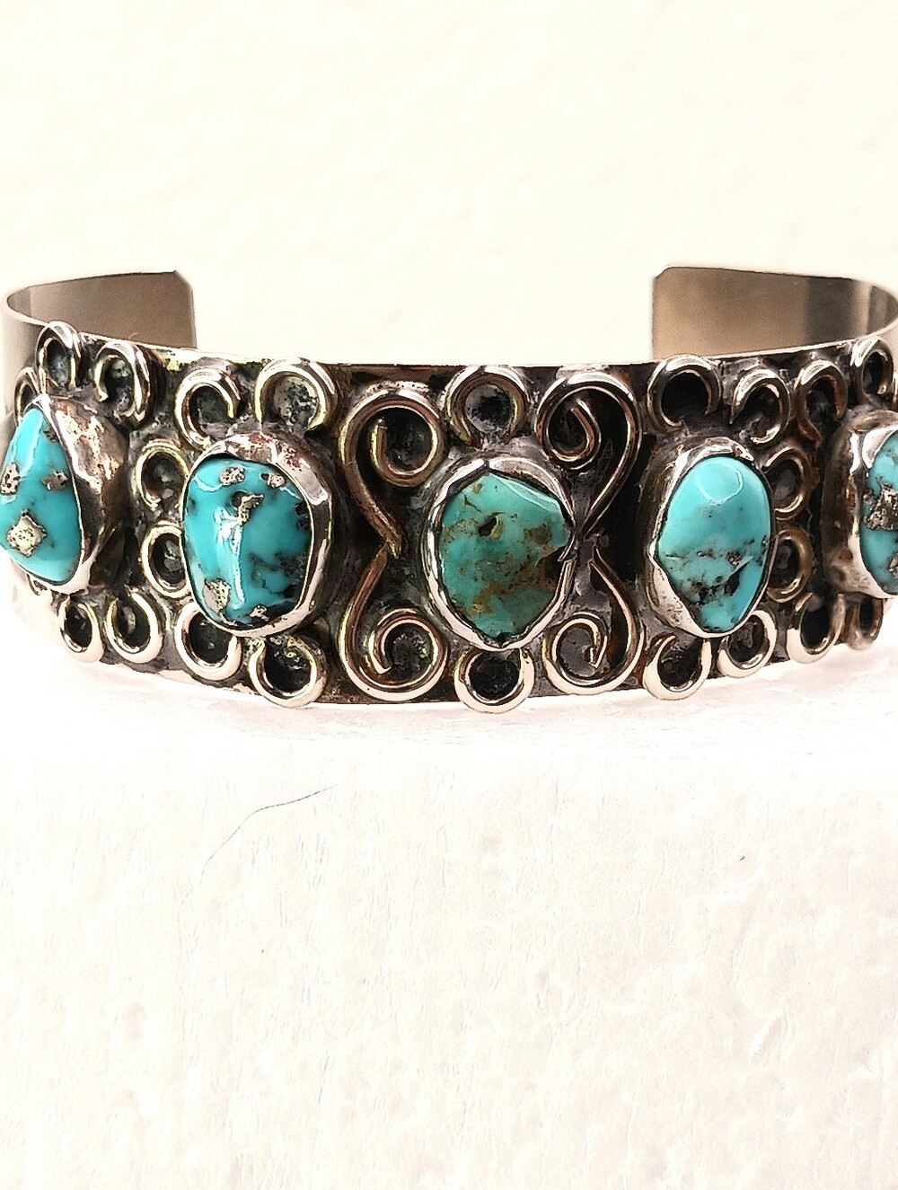 Vintage Sterling Silver 925 Navajo 5 Turquoise Bracelet 7.5" 12m X 9m Stones 30g